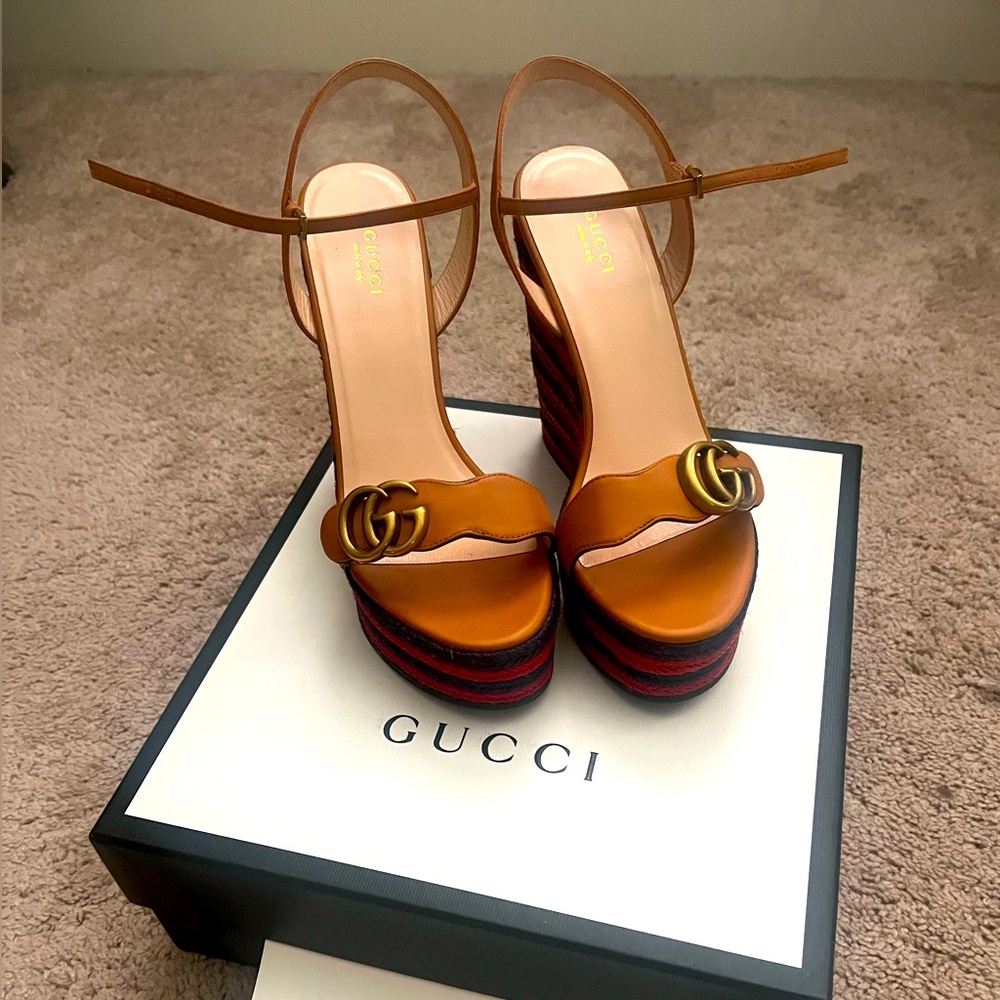 Authentic leather Gucci Lifford Cognac Platform Espadrilles